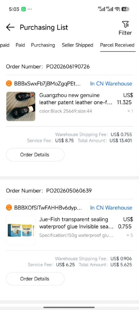 Order list showing goods in the China warehouse