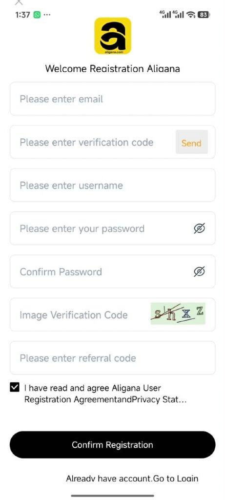 Aligana app sign-up page