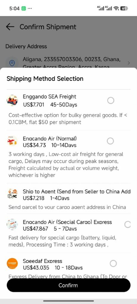 Shipping options and prices in the Aligana app